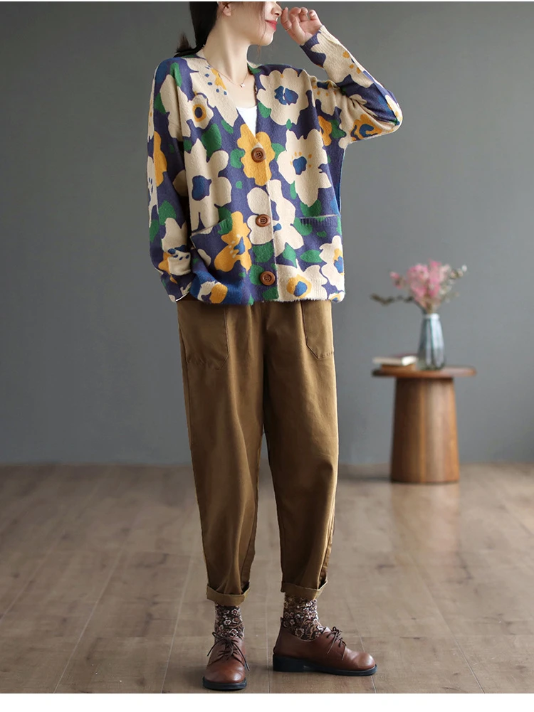 Amax luluE 2024 Autumn Luxury Knitted Cardigans Womens Loose Fashion Warm Floral Sweaters Ladies Printed Casual Elegant Clothing