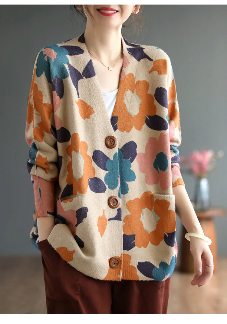 Amax luluE 2024 Autumn Luxury Knitted Cardigans Womens Loose Fashion Warm Floral Sweaters Ladies Printed Casual Elegant Clothing