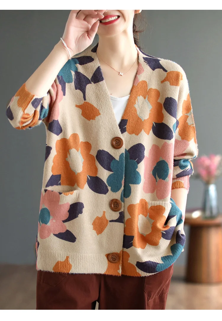 Amax luluE 2024 Autumn Luxury Knitted Cardigans Womens Loose Fashion Warm Floral Sweaters Ladies Printed Casual Elegant Clothing