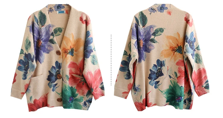 Amax luluE 2024 Autumn Luxury Knitted Cardigans Womens Loose Fashion Warm Floral Sweaters Ladies Printed Casual Elegant Clothing