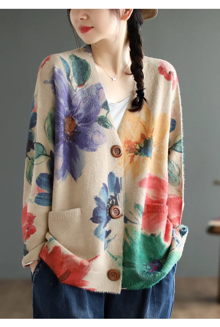 Amax luluE 2024 Autumn Luxury Knitted Cardigans Womens Loose Fashion Warm Floral Sweaters Ladies Printed Casual Elegant Clothing