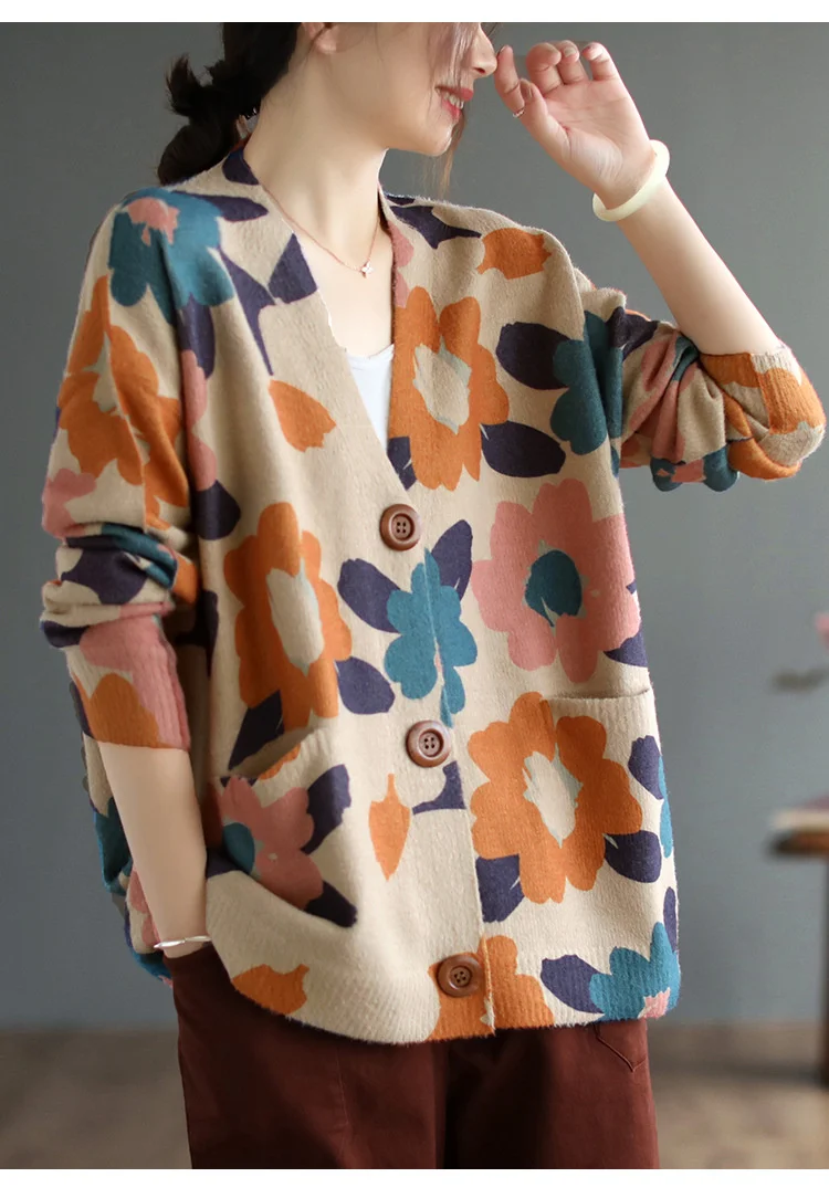 Amax luluE 2024 Autumn Luxury Knitted Cardigans Womens Loose Fashion Warm Floral Sweaters Ladies Printed Casual Elegant Clothing