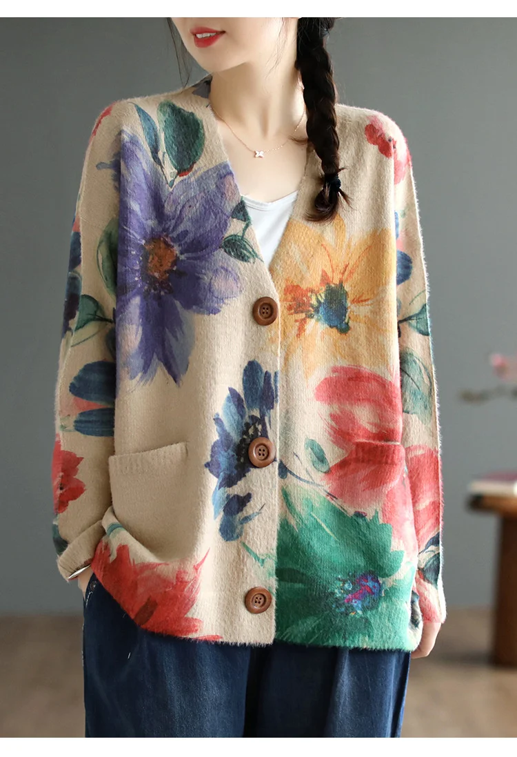 Amax luluE 2024 Autumn Luxury Knitted Cardigans Womens Loose Fashion Warm Floral Sweaters Ladies Printed Casual Elegant Clothing