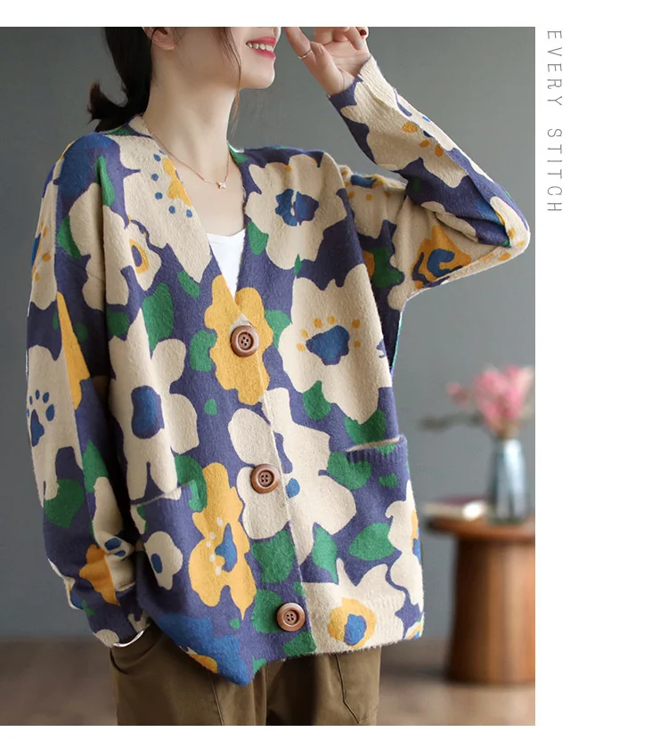 Amax luluE 2024 Autumn Luxury Knitted Cardigans Womens Loose Fashion Warm Floral Sweaters Ladies Printed Casual Elegant Clothing