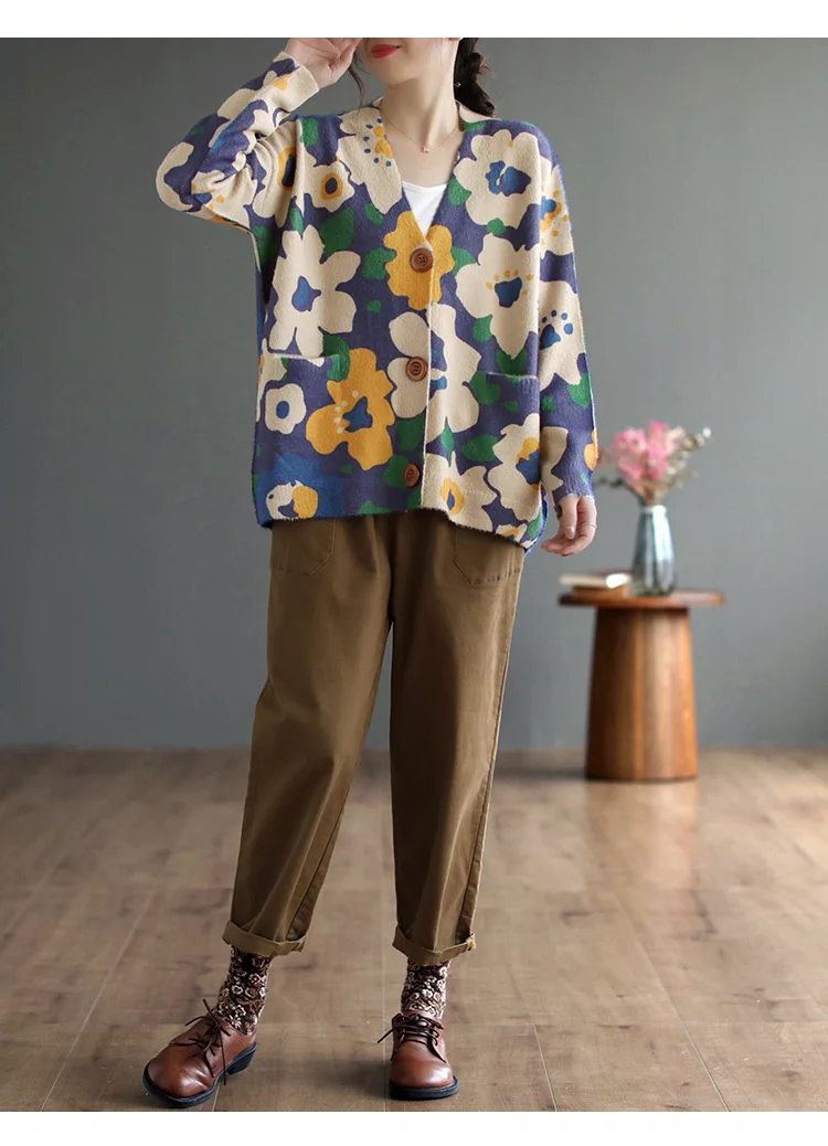 Amax luluE 2024 Autumn Luxury Knitted Cardigans Womens Loose Fashion Warm Floral Sweaters Ladies Printed Casual Elegant Clothing