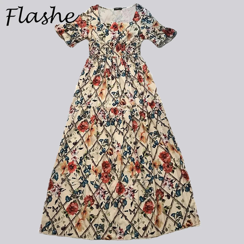 Summer Beach Dress Women Casual Short Sleeve Square Collar Elastic Waist High Waist Bohemian Floral Print Maxi Dress Plus Size