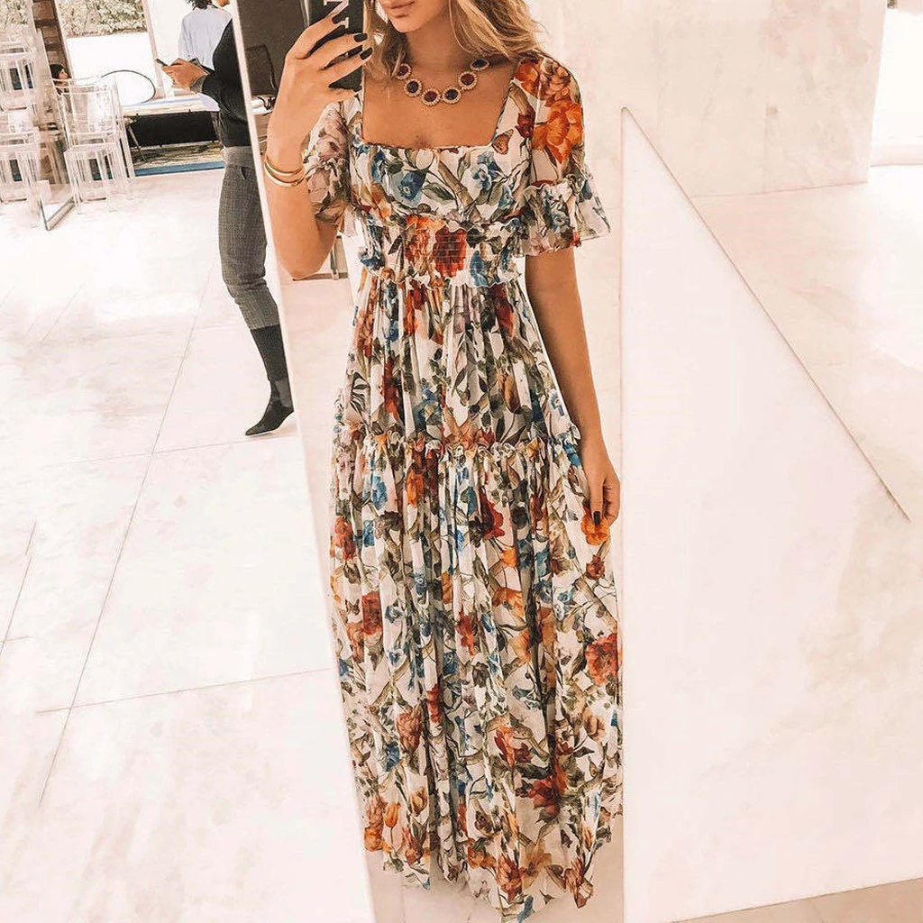Summer Beach Dress Women Casual Short Sleeve Square Collar Elastic Waist High Waist Bohemian Floral Print Maxi Dress Plus Size