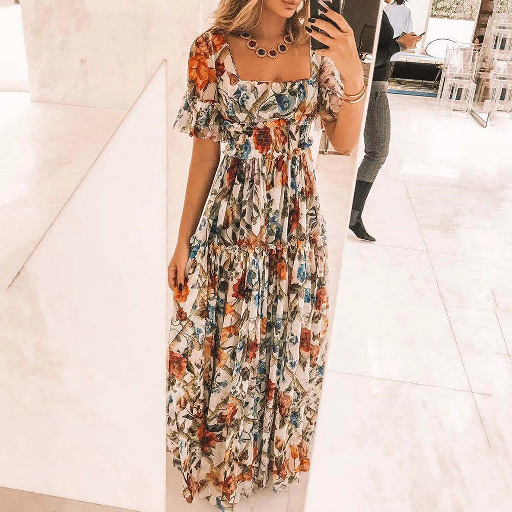 Summer Beach Dress Women Casual Short Sleeve Square Collar Elastic Waist High Waist Bohemian Floral Print Maxi Dress Plus Size
