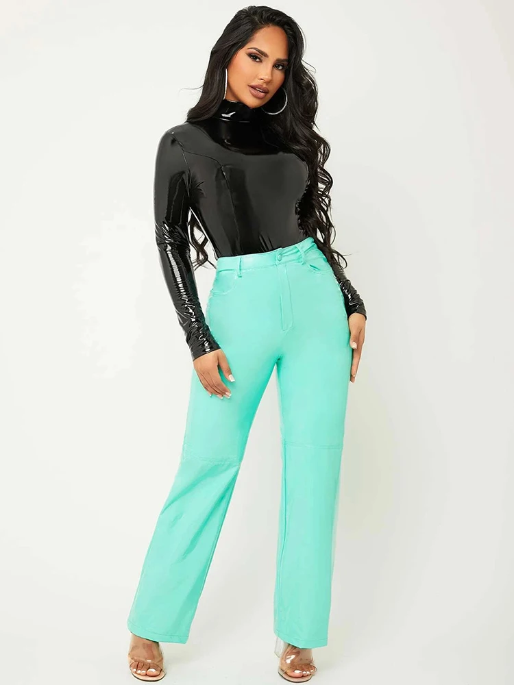 High Neck Faux Latex Bodysuit Long Sleeve Women Sexy Bodycon PVC Jumpsuits Ladies Stretchy PU Leather Rompers Clubwear Custom