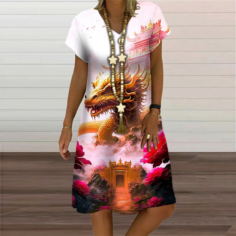 V-Neck Women's Dress Summer Short Sleeve Pullover For Women Casual Dragon Pattern Print Female Clothing 2023 Fashion Oversized