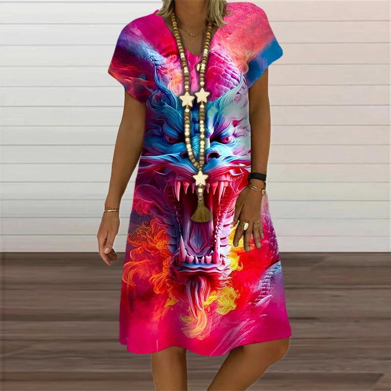 V-Neck Women's Dress Summer Short Sleeve Pullover For Women Casual Dragon Pattern Print Female Clothing 2023 Fashion Oversized