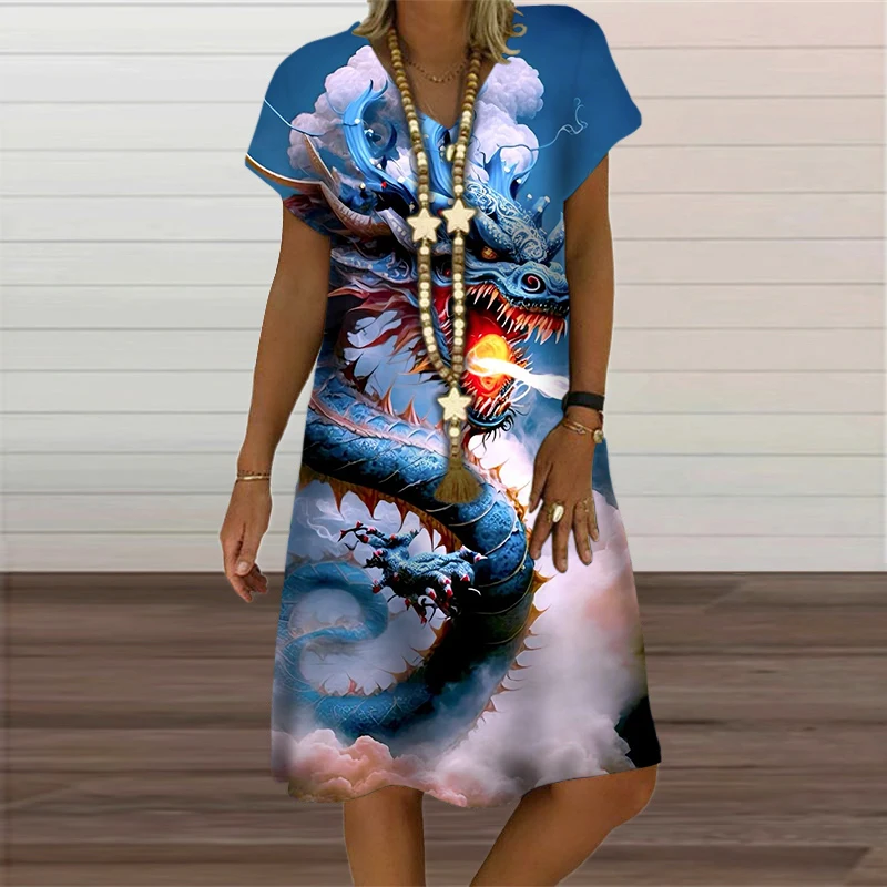 V-Neck Women's Dress Summer Short Sleeve Pullover For Women Casual Dragon Pattern Print Female Clothing 2023 Fashion Oversized