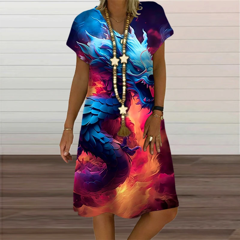 V-Neck Women's Dress Summer Short Sleeve Pullover For Women Casual Dragon Pattern Print Female Clothing 2023 Fashion Oversized