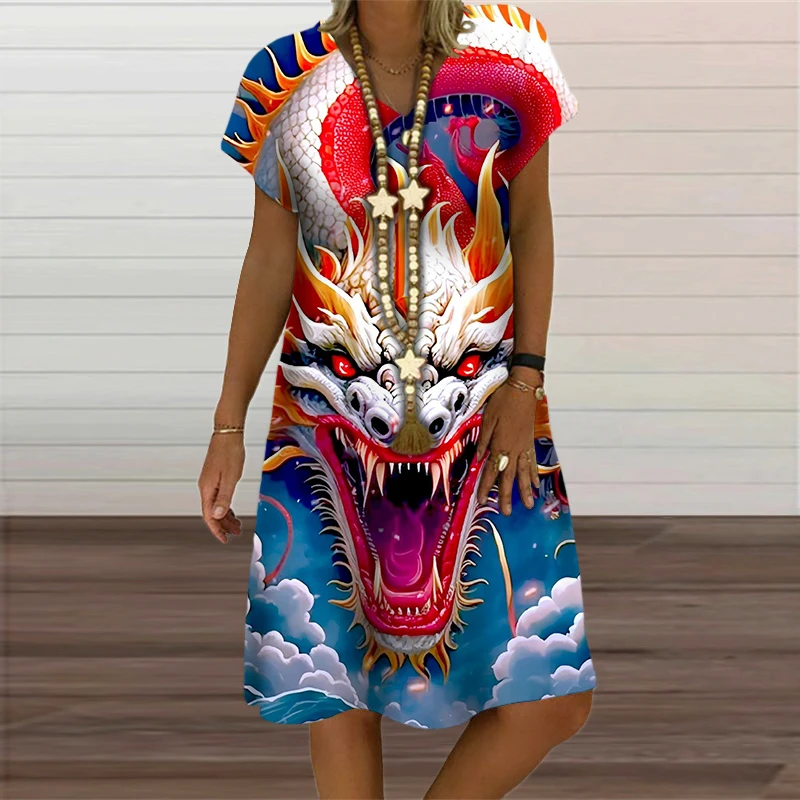 V-Neck Women's Dress Summer Short Sleeve Pullover For Women Casual Dragon Pattern Print Female Clothing 2023 Fashion Oversized