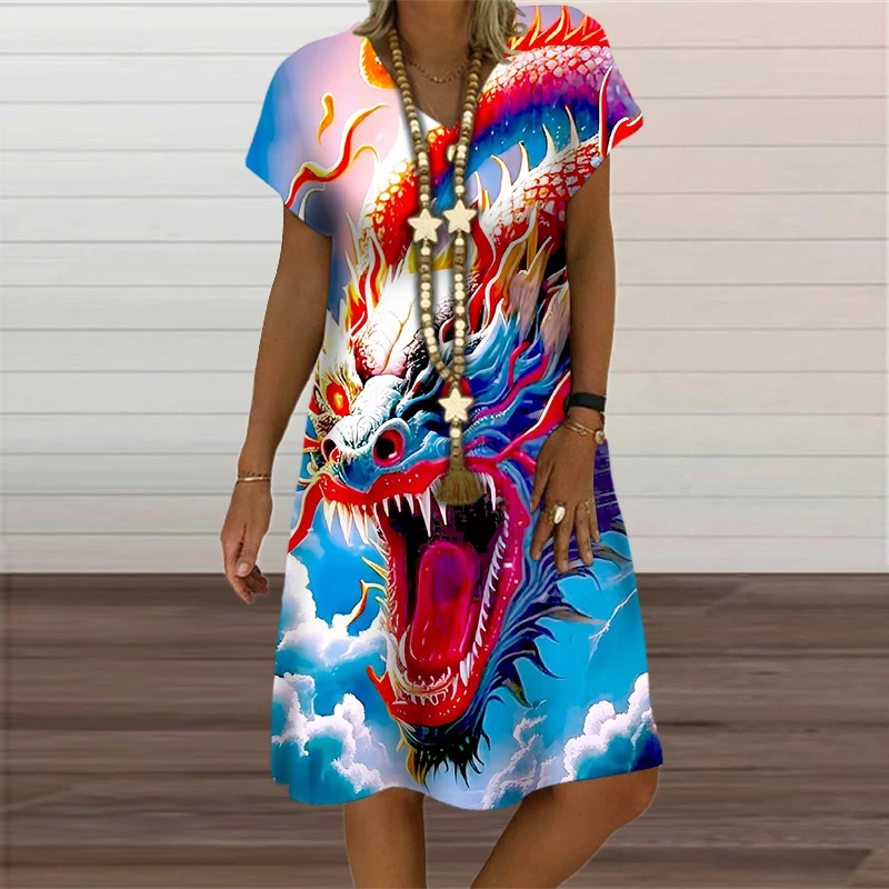 V-Neck Women's Dress Summer Short Sleeve Pullover For Women Casual Dragon Pattern Print Female Clothing 2023 Fashion Oversized