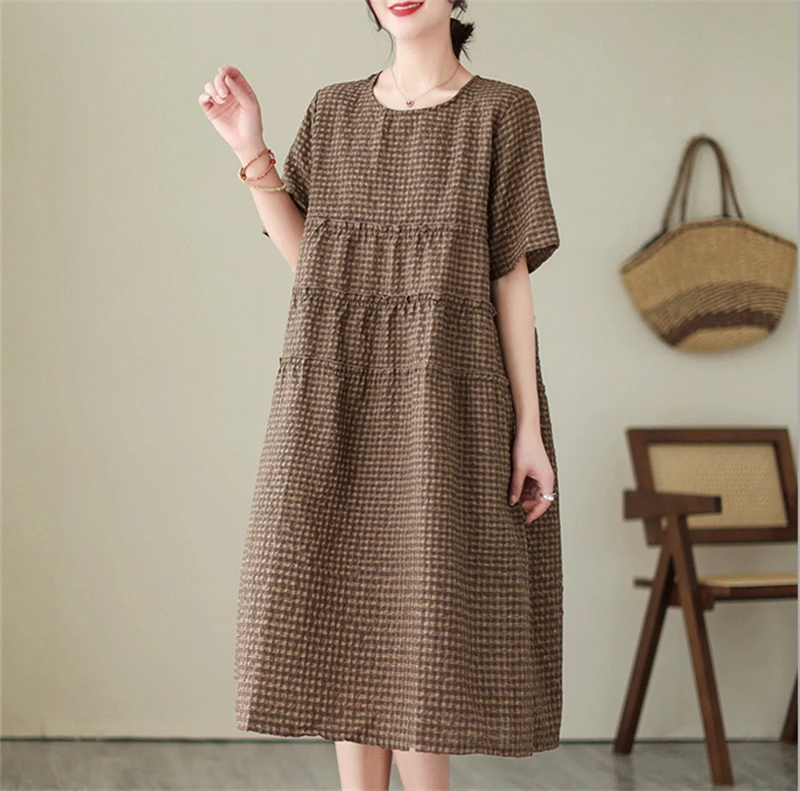 2026 Summer Short Sleeve Vintage Plaid Dresses For Women New Casual Midi Comfortable Dress Femme Robe Vestidos Elegant Clothing