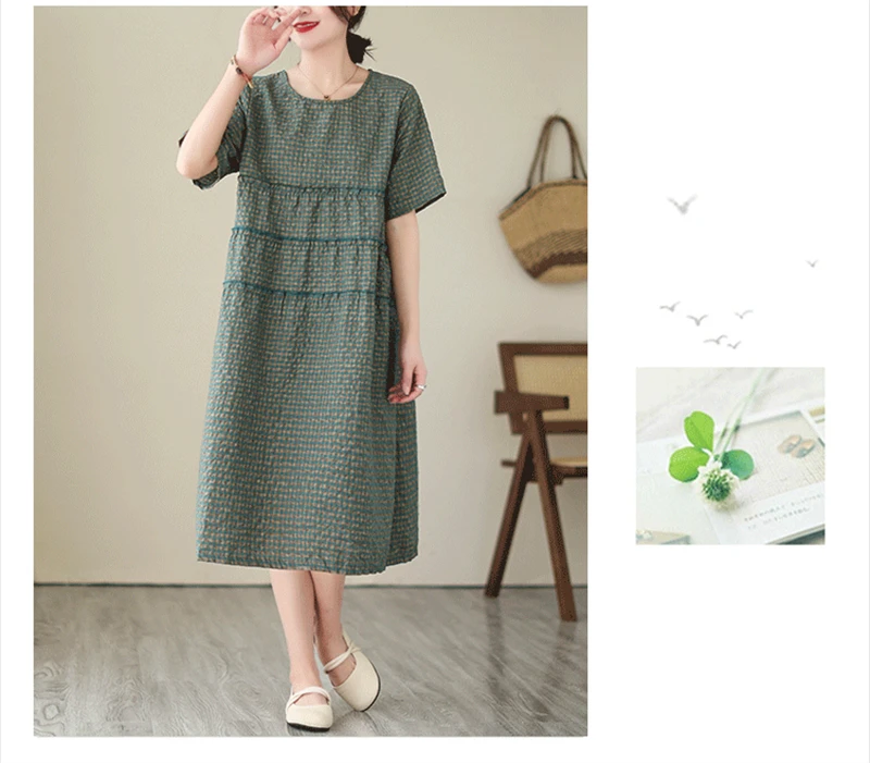 2026 Summer Short Sleeve Vintage Plaid Dresses For Women New Casual Midi Comfortable Dress Femme Robe Vestidos Elegant Clothing