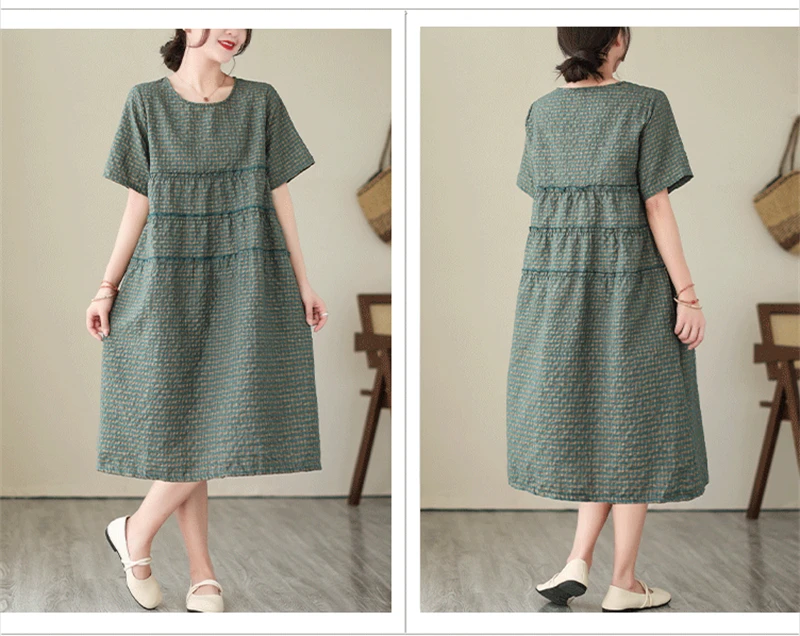 2026 Summer Short Sleeve Vintage Plaid Dresses For Women New Casual Midi Comfortable Dress Femme Robe Vestidos Elegant Clothing