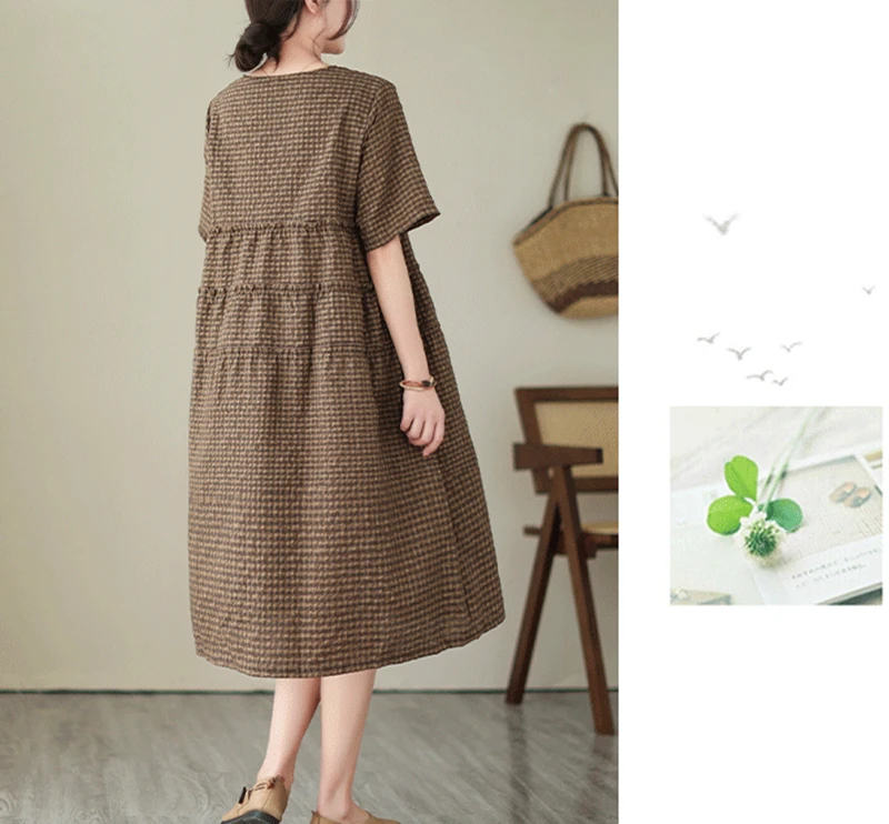 2026 Summer Short Sleeve Vintage Plaid Dresses For Women New Casual Midi Comfortable Dress Femme Robe Vestidos Elegant Clothing