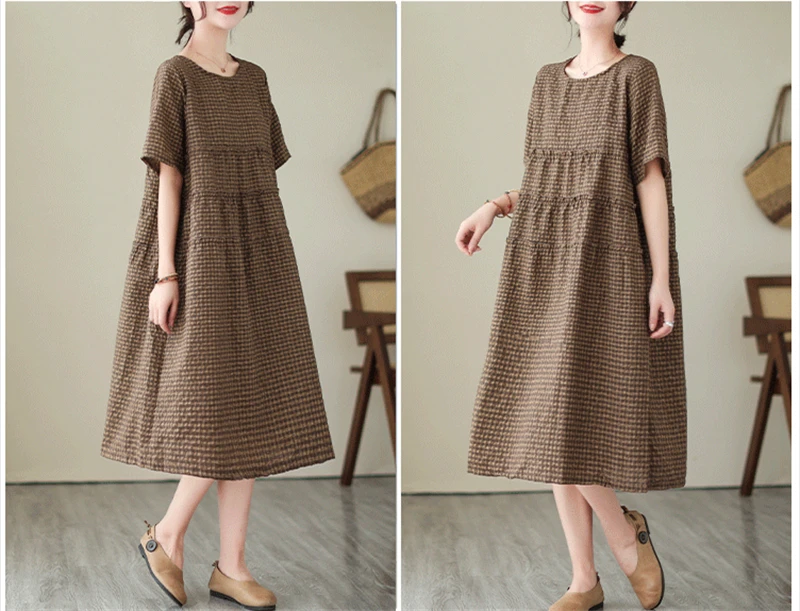 2026 Summer Short Sleeve Vintage Plaid Dresses For Women New Casual Midi Comfortable Dress Femme Robe Vestidos Elegant Clothing