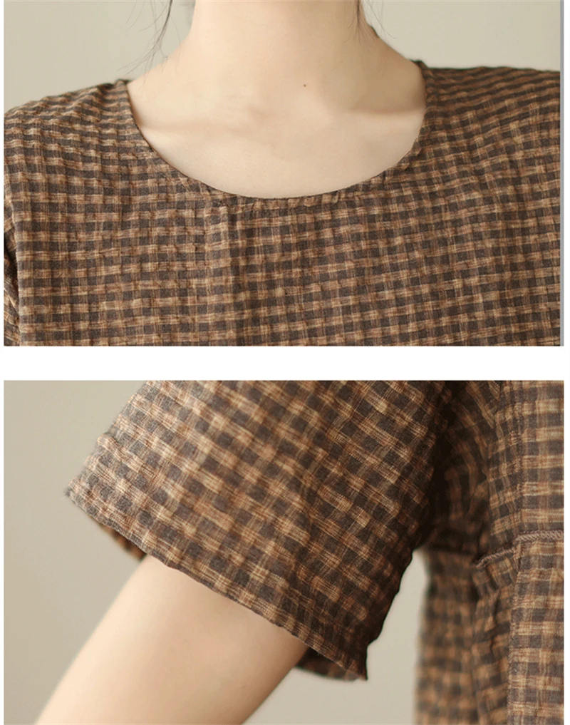 2026 Summer Short Sleeve Vintage Plaid Dresses For Women New Casual Midi Comfortable Dress Femme Robe Vestidos Elegant Clothing