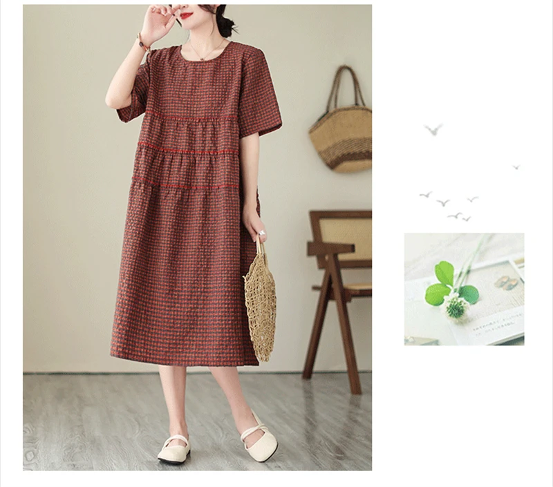 2026 Summer Short Sleeve Vintage Plaid Dresses For Women New Casual Midi Comfortable Dress Femme Robe Vestidos Elegant Clothing