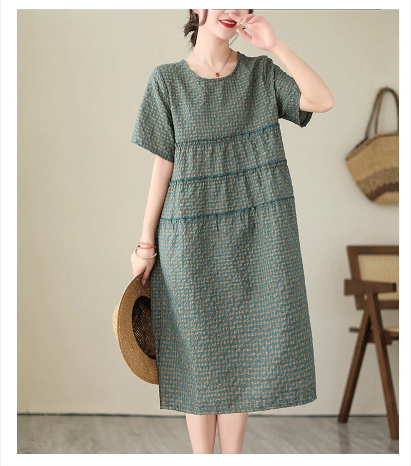 2026 Summer Short Sleeve Vintage Plaid Dresses For Women New Casual Midi Comfortable Dress Femme Robe Vestidos Elegant Clothing