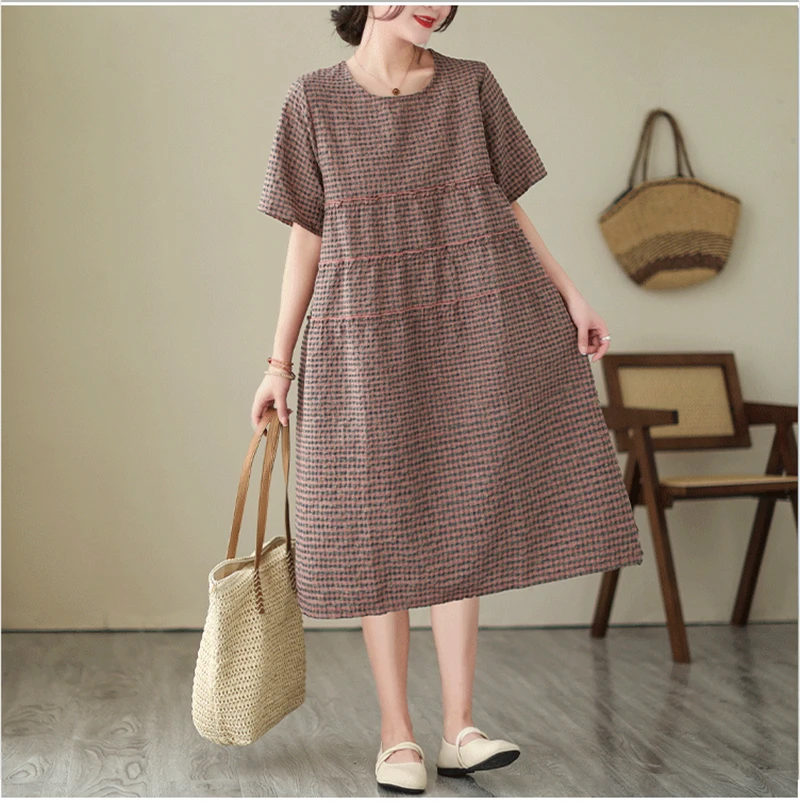 2026 Summer Short Sleeve Vintage Plaid Dresses For Women New Casual Midi Comfortable Dress Femme Robe Vestidos Elegant Clothing