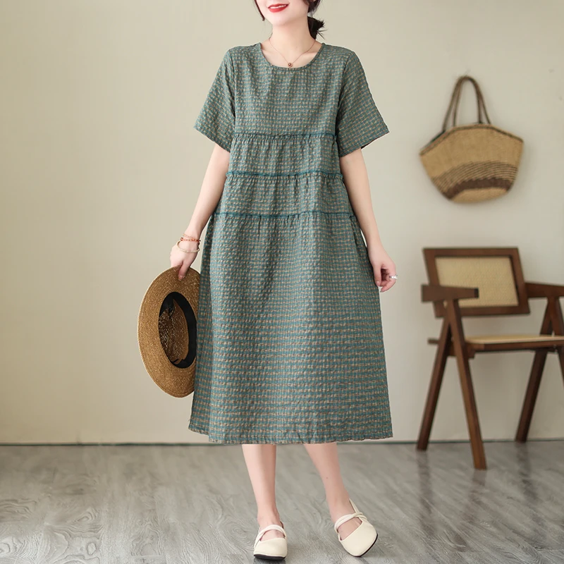 2026 Summer Short Sleeve Vintage Plaid Dresses For Women New Casual Midi Comfortable Dress Femme Robe Vestidos Elegant Clothing
