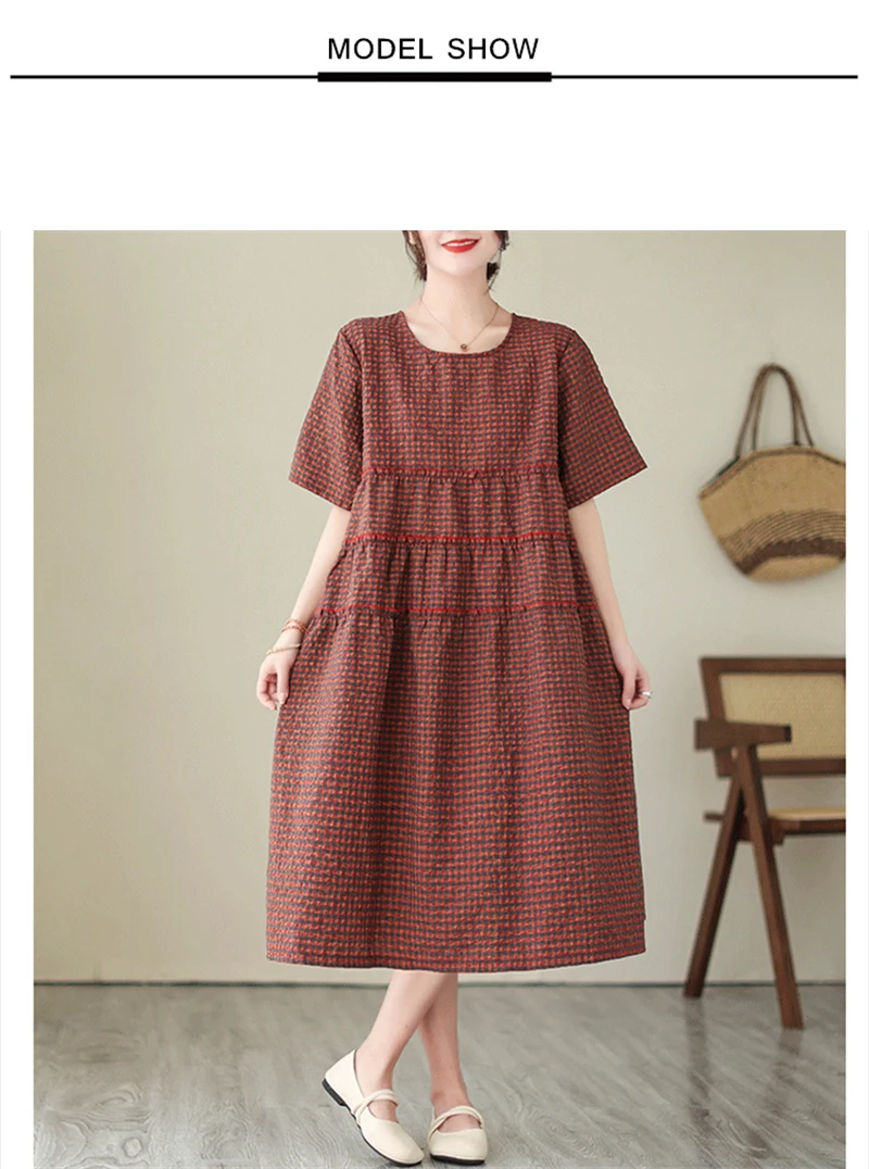 2026 Summer Short Sleeve Vintage Plaid Dresses For Women New Casual Midi Comfortable Dress Femme Robe Vestidos Elegant Clothing