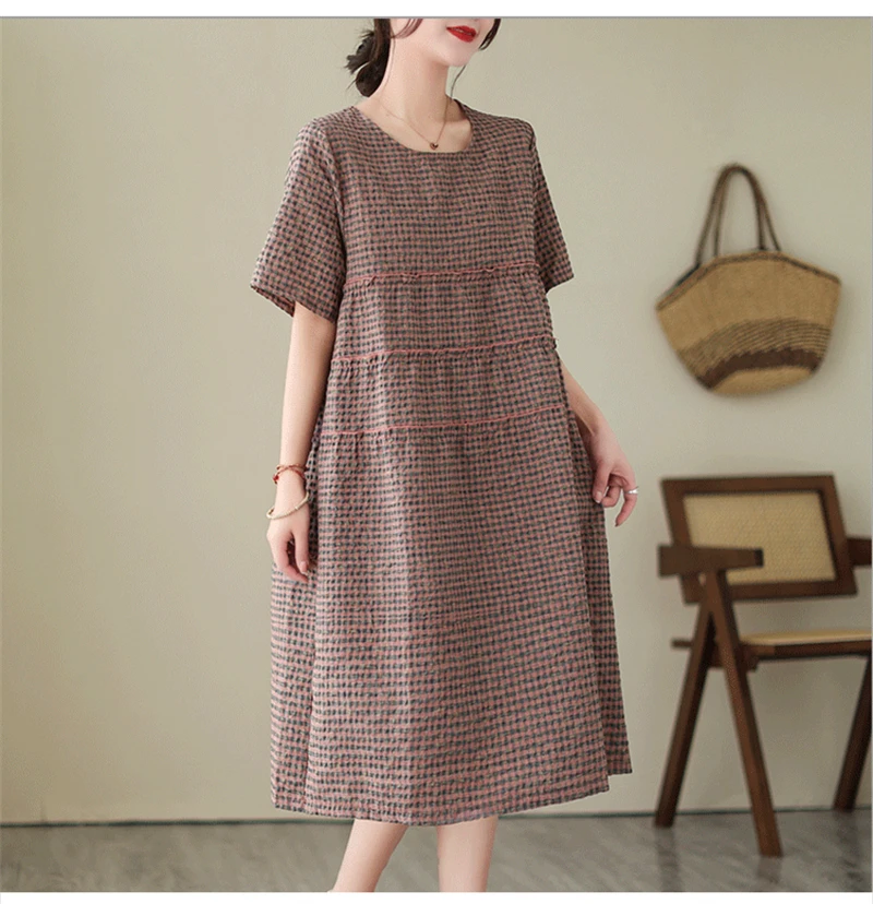 2026 Summer Short Sleeve Vintage Plaid Dresses For Women New Casual Midi Comfortable Dress Femme Robe Vestidos Elegant Clothing