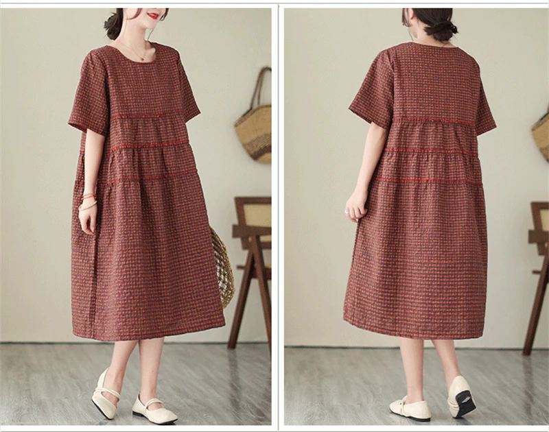 2026 Summer Short Sleeve Vintage Plaid Dresses For Women New Casual Midi Comfortable Dress Femme Robe Vestidos Elegant Clothing