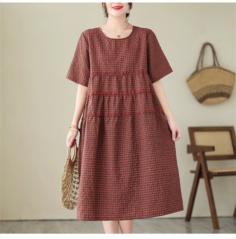 2026 Summer Short Sleeve Vintage Plaid Dresses For Women New Casual Midi Comfortable Dress Femme Robe Vestidos Elegant Clothing