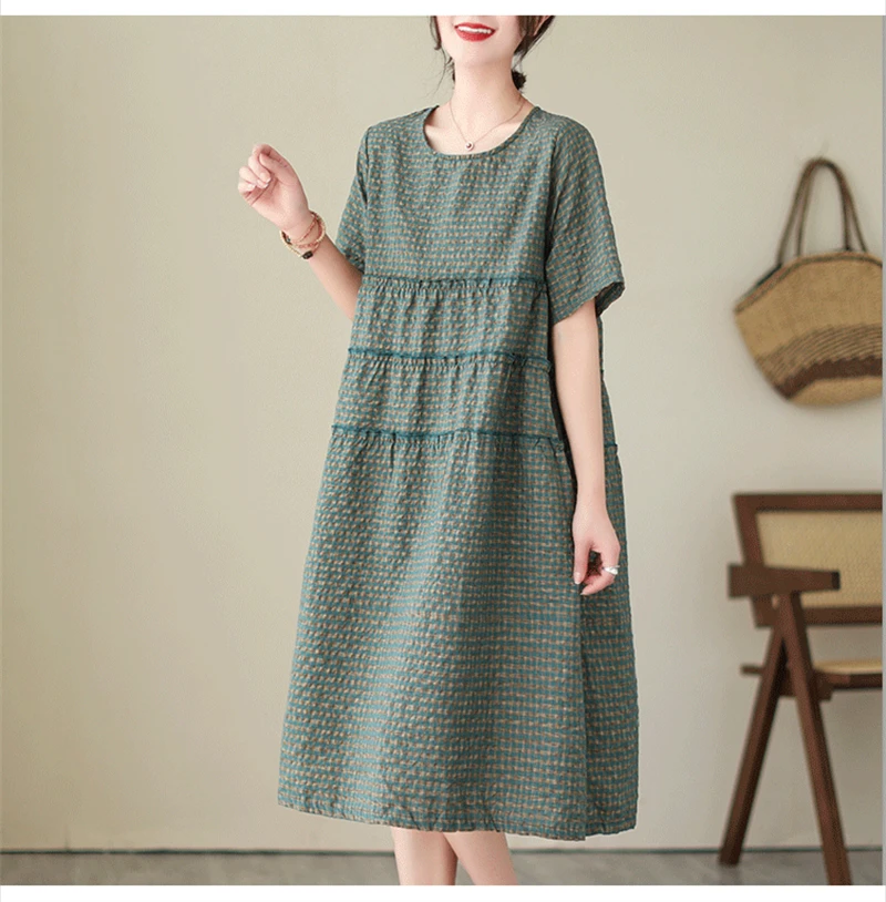 2026 Summer Short Sleeve Vintage Plaid Dresses For Women New Casual Midi Comfortable Dress Femme Robe Vestidos Elegant Clothing