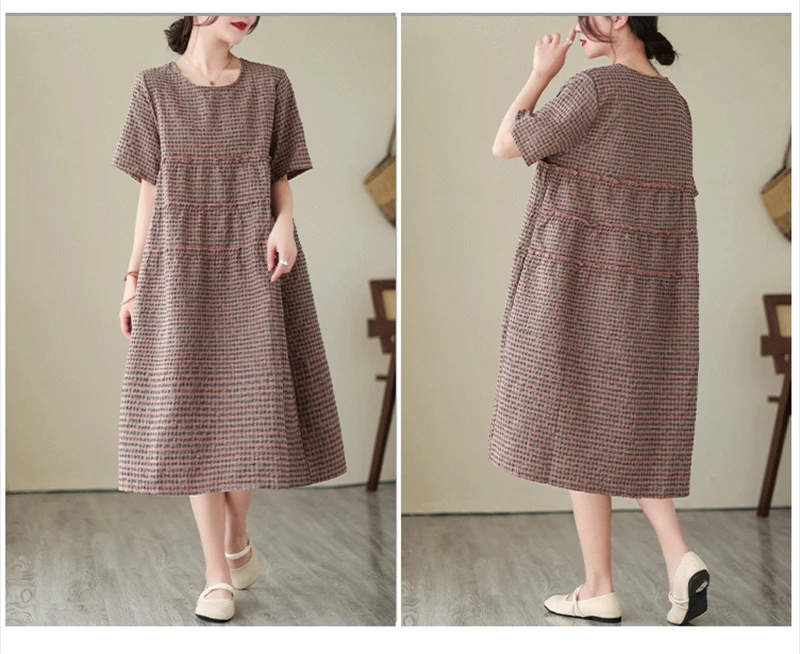 2026 Summer Short Sleeve Vintage Plaid Dresses For Women New Casual Midi Comfortable Dress Femme Robe Vestidos Elegant Clothing
