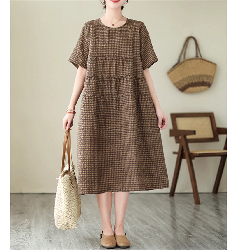 2026 Summer Short Sleeve Vintage Plaid Dresses For Women New Casual Midi Comfortable Dress Femme Robe Vestidos Elegant Clothing