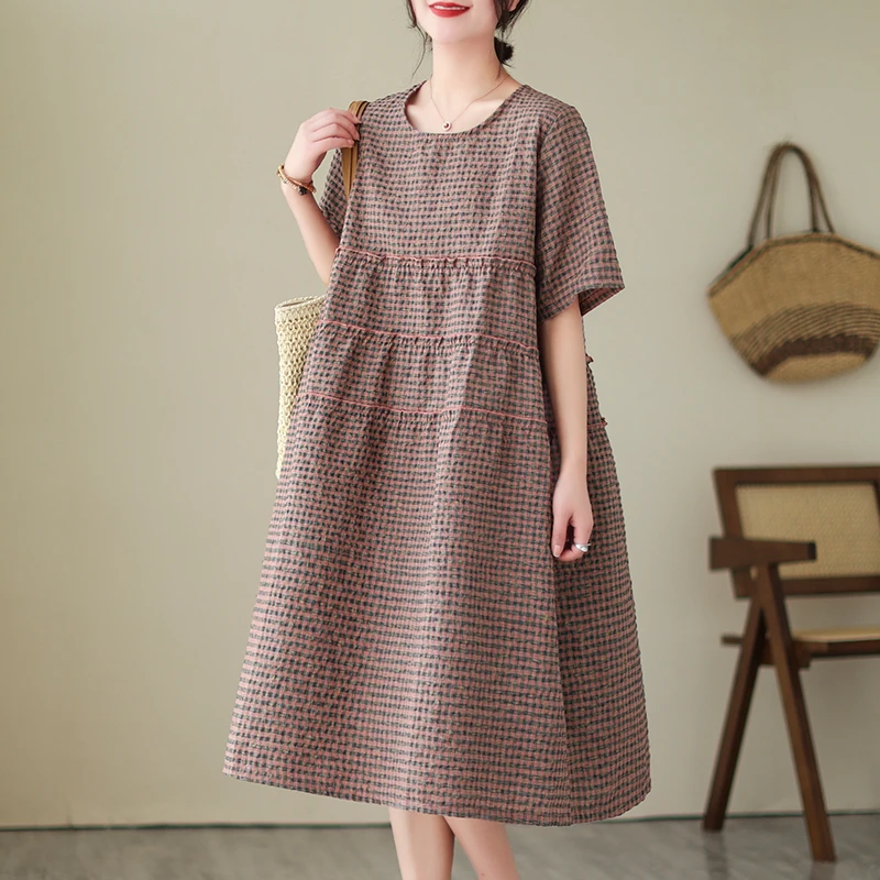 2026 Summer Short Sleeve Vintage Plaid Dresses For Women New Casual Midi Comfortable Dress Femme Robe Vestidos Elegant Clothing