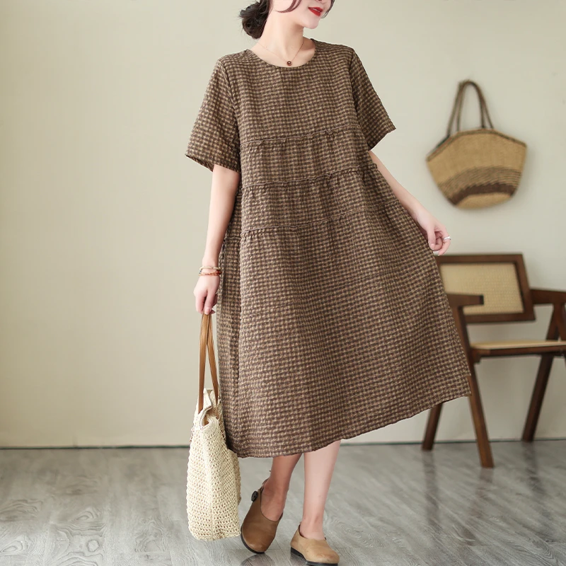 2026 Summer Short Sleeve Vintage Plaid Dresses For Women New Casual Midi Comfortable Dress Femme Robe Vestidos Elegant Clothing