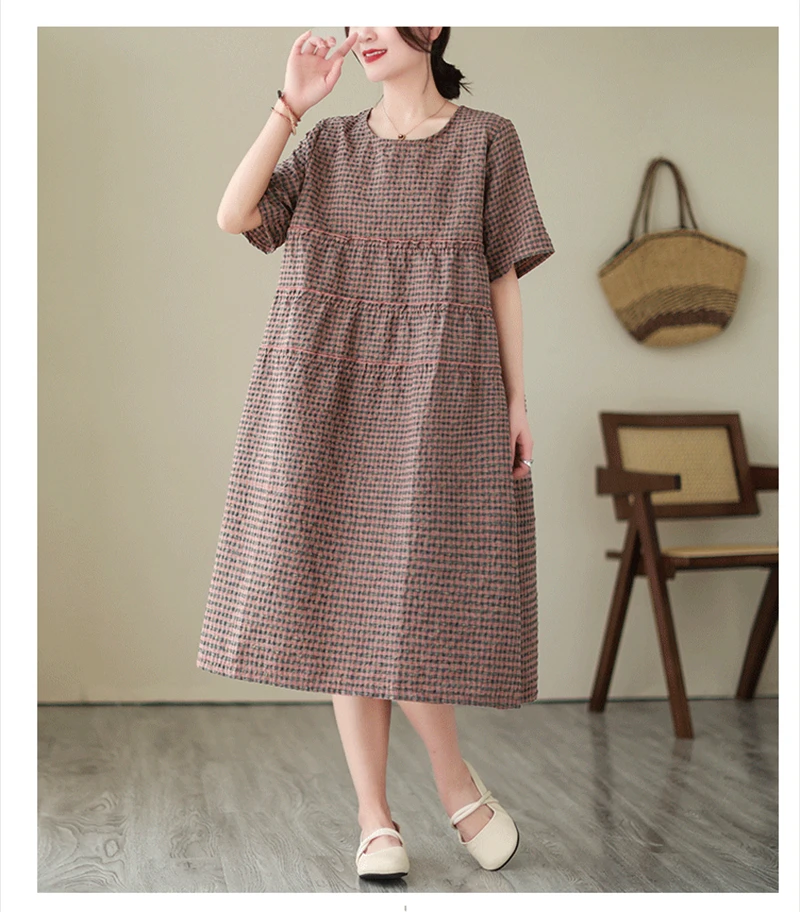 2026 Summer Short Sleeve Vintage Plaid Dresses For Women New Casual Midi Comfortable Dress Femme Robe Vestidos Elegant Clothing