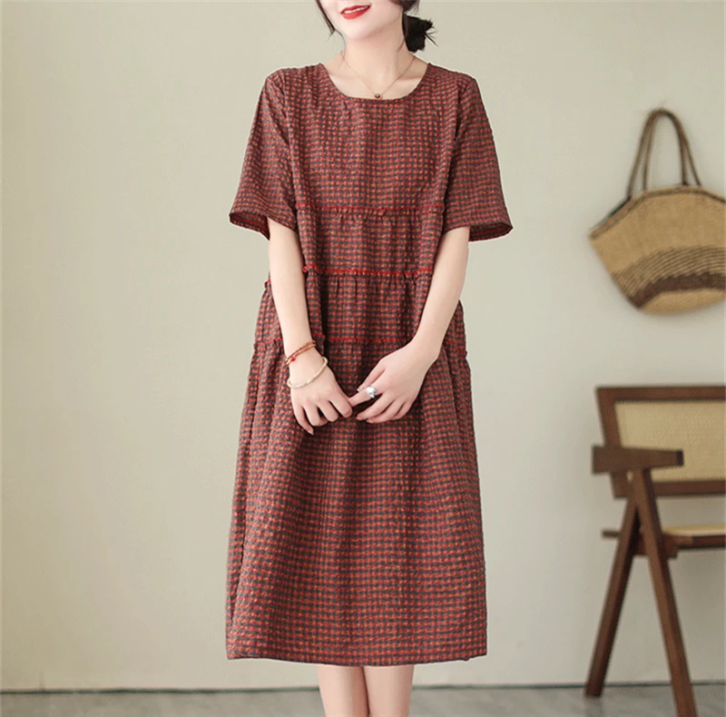 2026 Summer Short Sleeve Vintage Plaid Dresses For Women New Casual Midi Comfortable Dress Femme Robe Vestidos Elegant Clothing