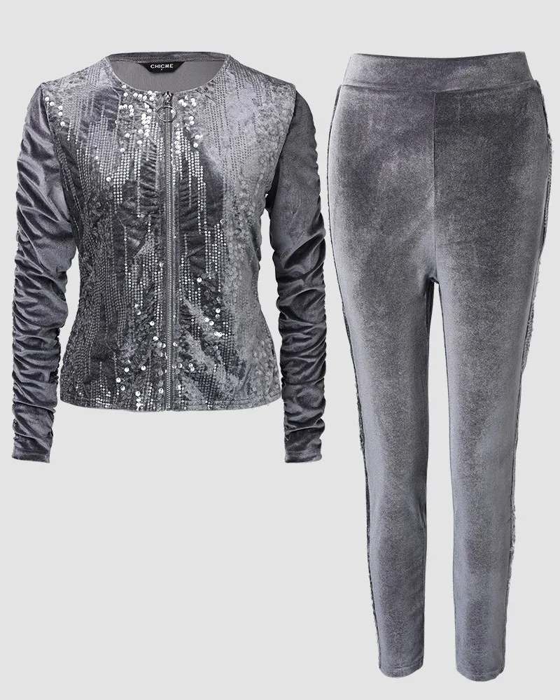 Autumn Winter Velvet Sets for Women 2 Pieces Suits Female Clothing Casual Contrast Sequin Zipper Design Coat & Pants Set Tracksu