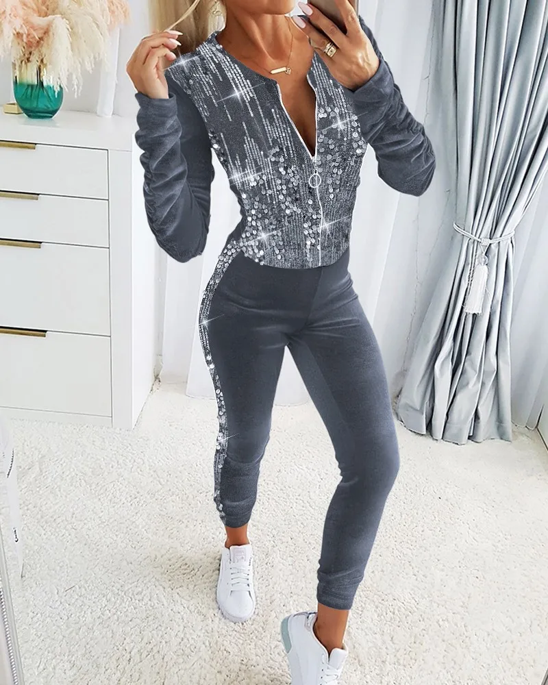 Autumn Winter Velvet Sets for Women 2 Pieces Suits Female Clothing Casual Contrast Sequin Zipper Design Coat & Pants Set Tracksu