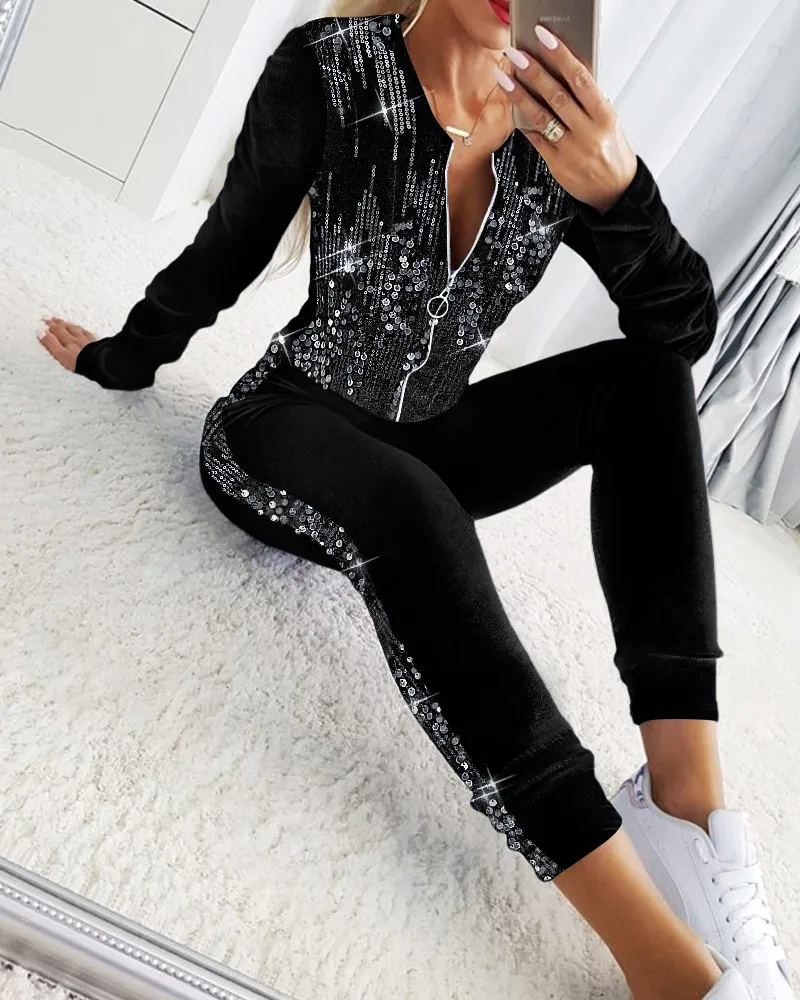 Autumn Winter Velvet Sets for Women 2 Pieces Suits Female Clothing Casual Contrast Sequin Zipper Design Coat & Pants Set Tracksu