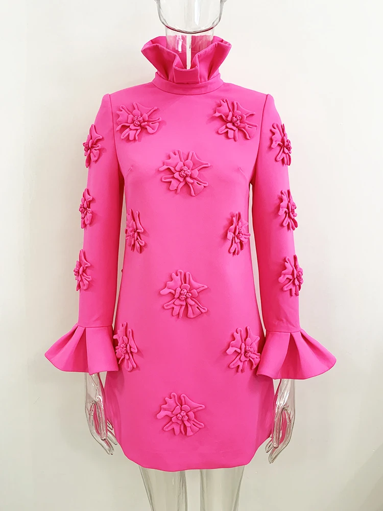 HIGH STREET Newest 2026 Designer Fashion Women's Flare Sleeve Stunning 3D Flowers Appliques Dress