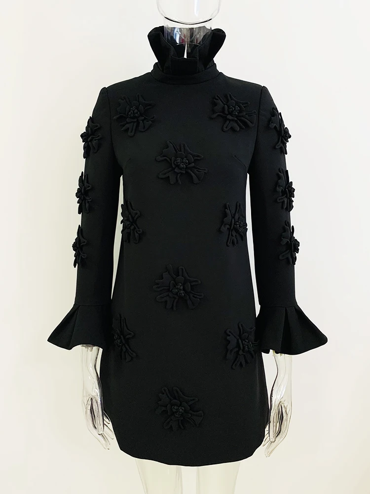 HIGH STREET Newest 2026 Designer Fashion Women's Flare Sleeve Stunning 3D Flowers Appliques Dress