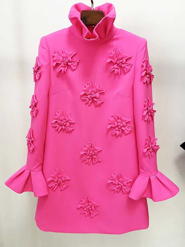 HIGH STREET Newest 2026 Designer Fashion Women's Flare Sleeve Stunning 3D Flowers Appliques Dress