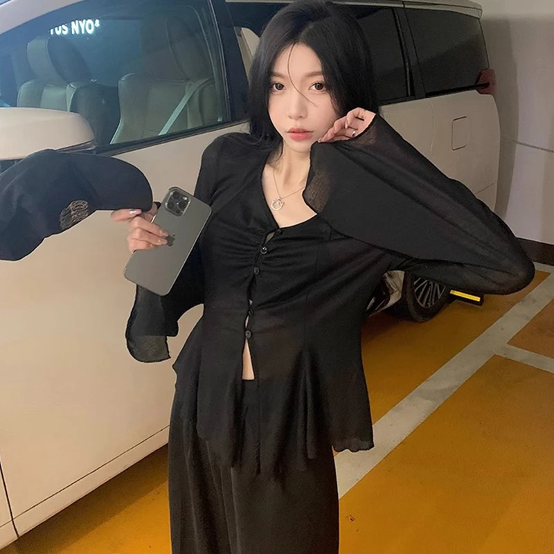 Summer New Thin Cardigan Women Sexy See Through Single-Breasted V-Neck Harajuku Korean Fashion Punk Vintage 2000s Bottoming Top