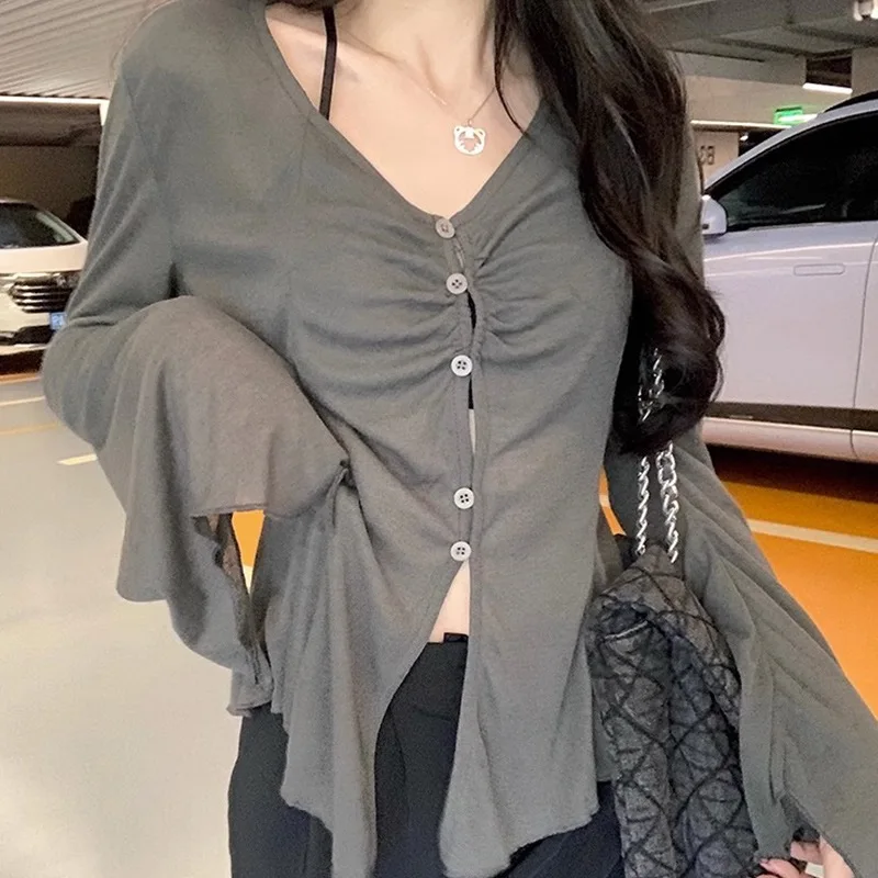 Summer New Thin Cardigan Women Sexy See Through Single-Breasted V-Neck Harajuku Korean Fashion Punk Vintage 2000s Bottoming Top