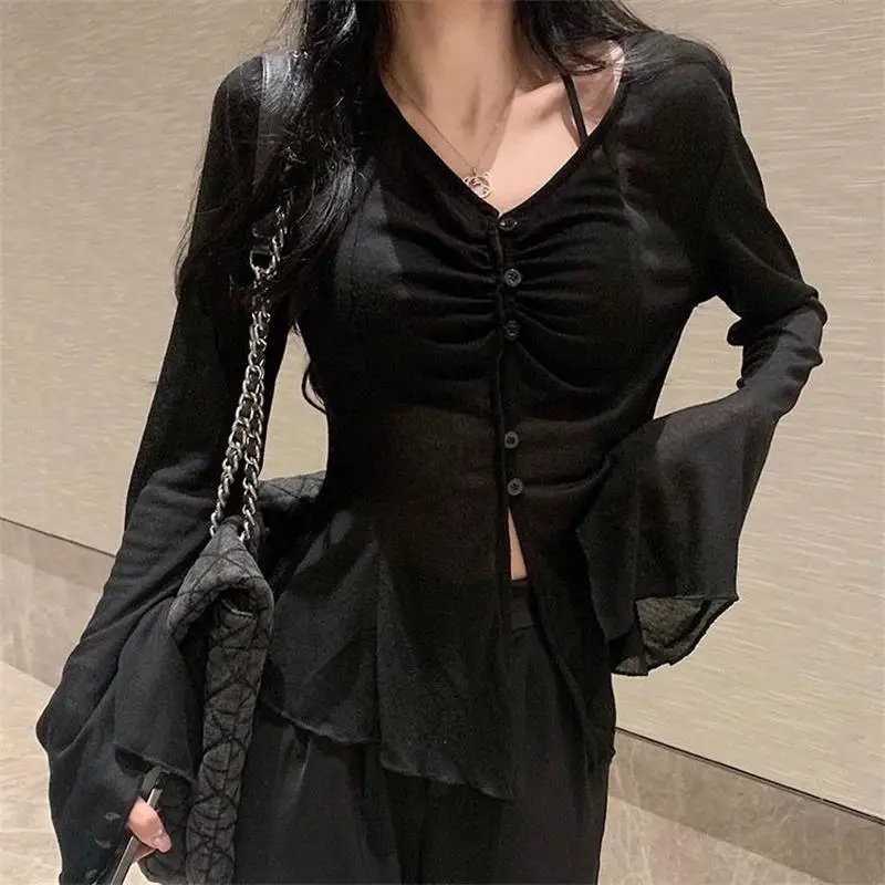 Summer New Thin Cardigan Women Sexy See Through Single-Breasted V-Neck Harajuku Korean Fashion Punk Vintage 2000s Bottoming Top