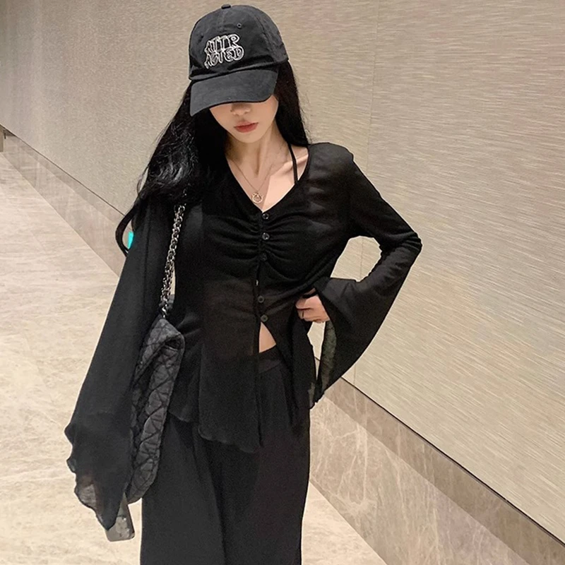 Summer New Thin Cardigan Women Sexy See Through Single-Breasted V-Neck Harajuku Korean Fashion Punk Vintage 2000s Bottoming Top